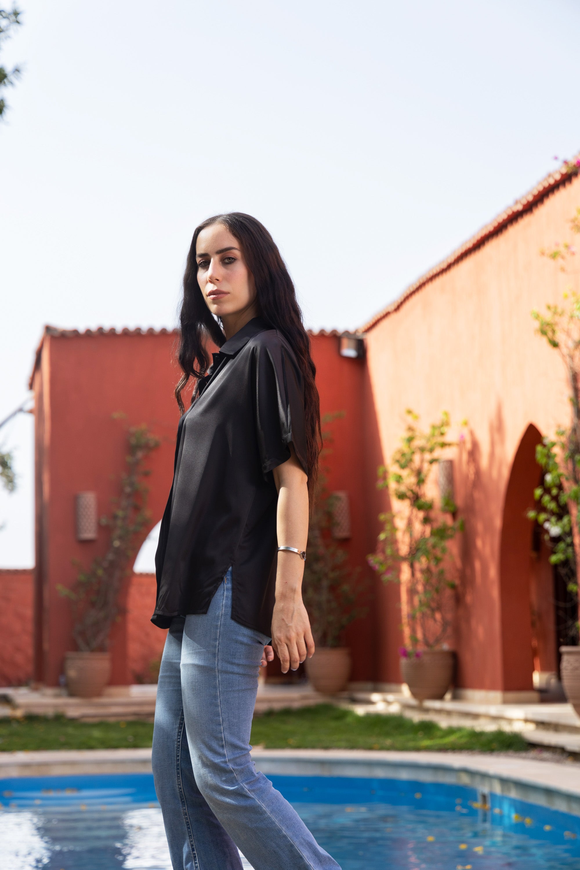 Image of Black Shine On Satin Blouse